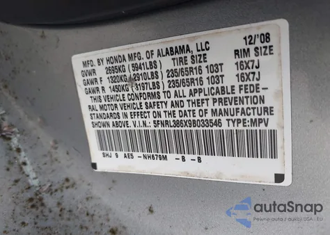 2009 Honda Odyssey Ex-L z USA, uszkodzony, nr VIN 5FNRL386X9B033546